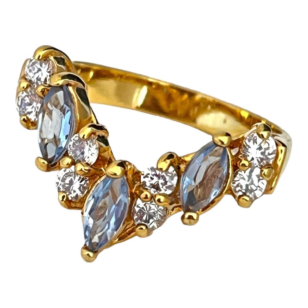 Vintage 1970s Blue Topaz Crystal Ring CZ Accents Gold Plate Size 6 NOS - 5V